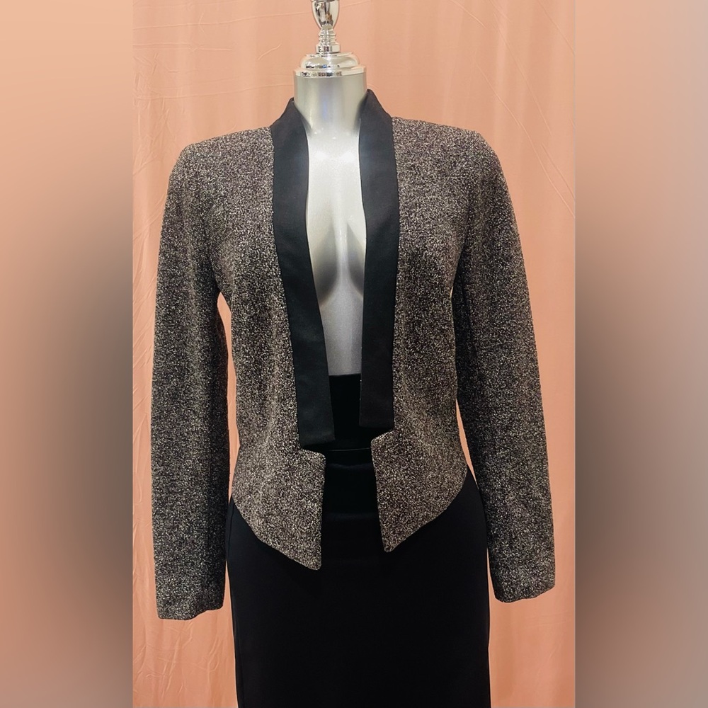 GAP Metallic Gray Open-Front Blazer with Black Satin Trim